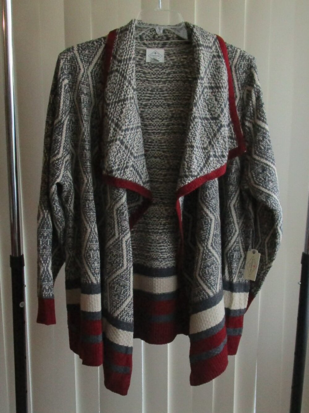 St Johns Bay Waterfall Front Cardigan Sweater woman 2X - red/gray/ivory